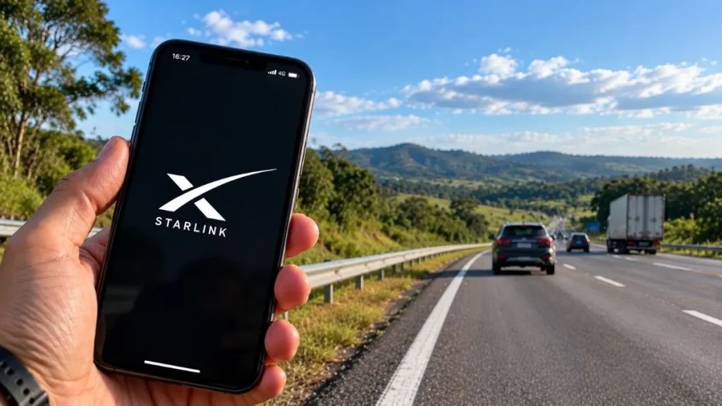 Smartphone exibe o logotipo da Starlink em primeiro plano, enquanto carros e caminhões trafegam por uma rodovia brasileira, ilustrando a conexão via satélite no celular.