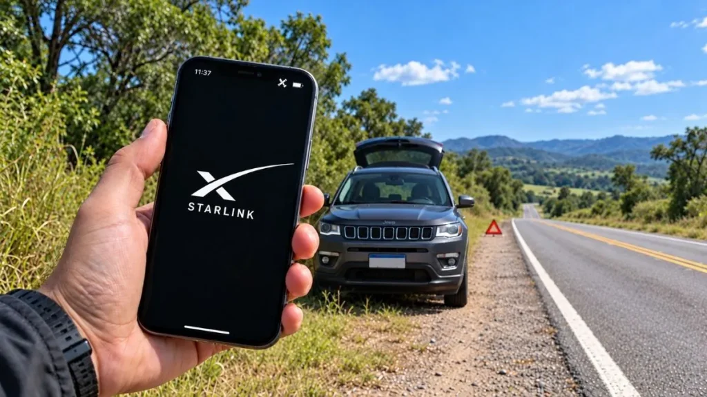 Smartphone exibe o logotipo da Starlink em primeiro plano, com um carro parado no acostamento de uma rodovia isolada e um triângulo de sinalização ao fundo.