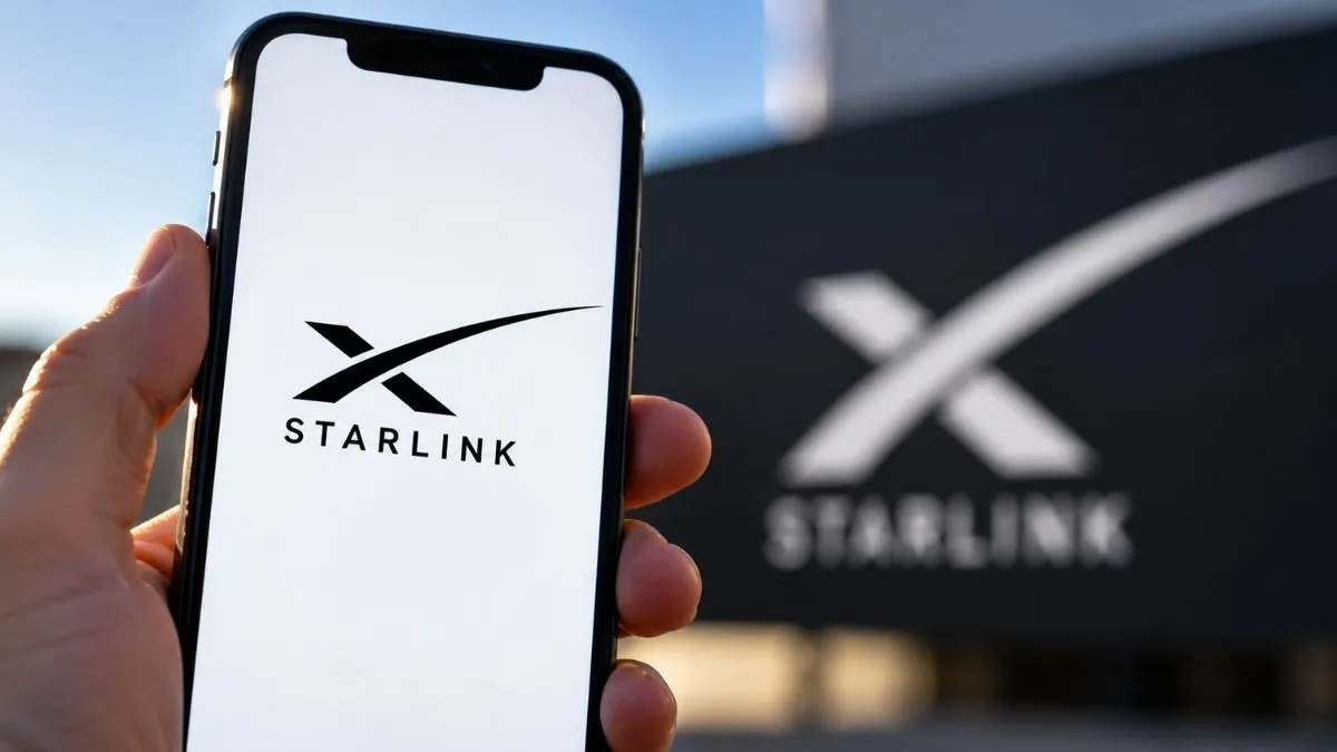 Smartphone exibe o logotipo da Starlink em primeiro plano, com a marca da empresa desfocada ao fundo, ilustrando a conexão via satélite no celular.