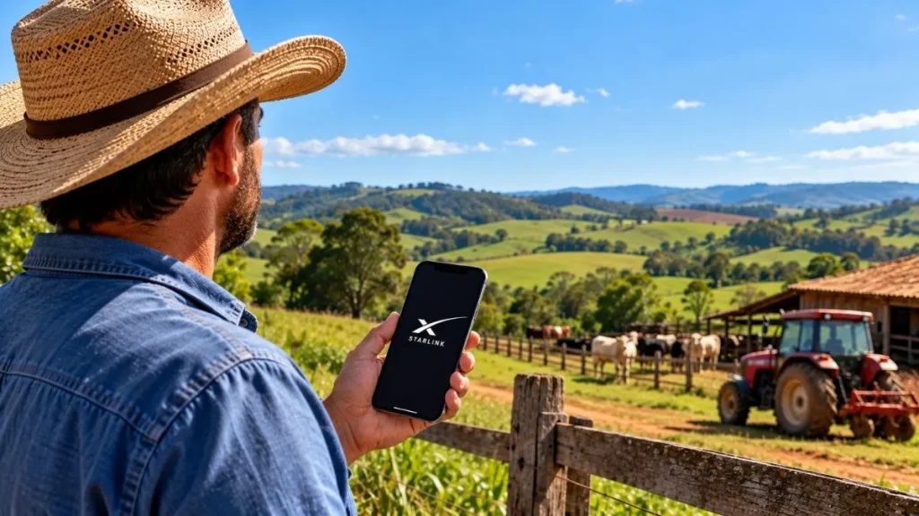 Trabalhador rural com chapéu de palha segura smartphone com o logotipo da Starlink enquanto observa uma propriedade com pastagens, gado, trator e montanhas ao fundo.