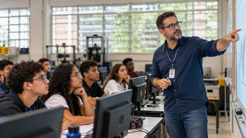Professor ministra aula em laboratório de informática, com estudantes acompanhando a explicação diante de computadores, ilustrando seleção do IFSP para 79 professores substitutos.