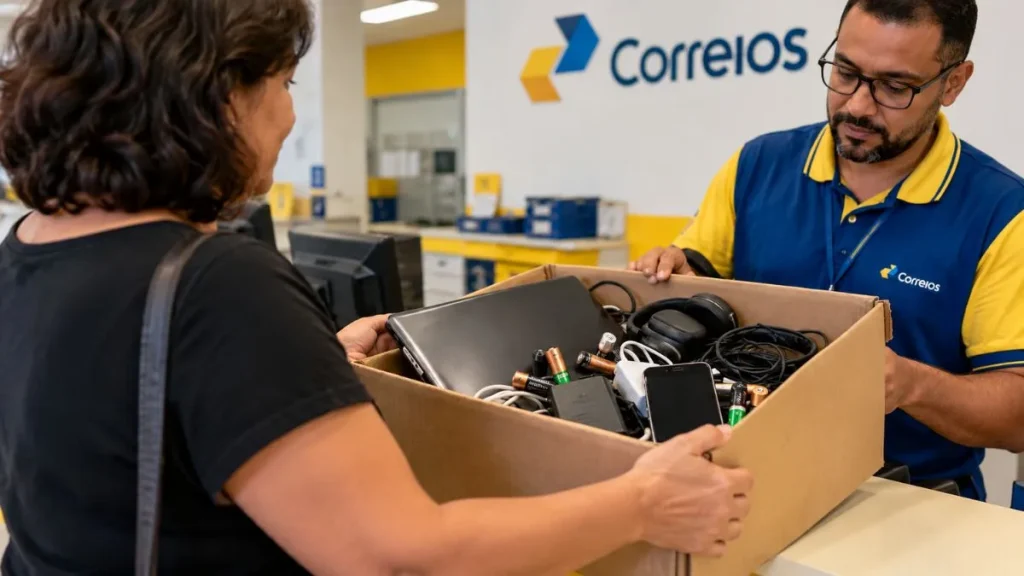 Correios passam a receber celulares, notebooks e cabos usados para reciclagem em quase 7 mil agências 3 Pessoa entrega caixa com celular, notebook, cabos e outros eletrônicos usados em balcão de atendimento para descarte correto