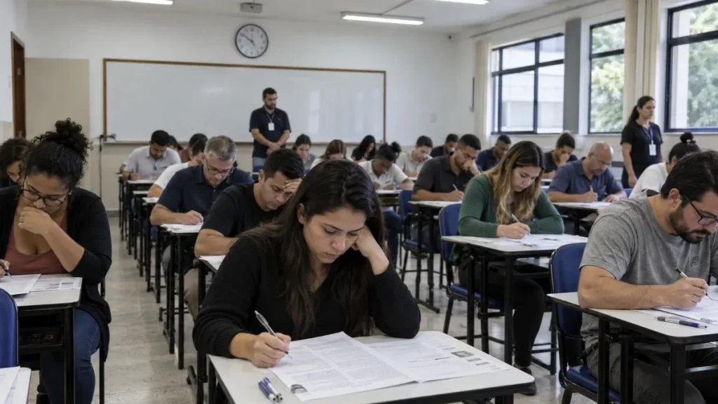 Candidatos realizam prova de concurso público em sala de aula, sob supervisão de fiscais. Seleção do Instituto Federal de São Paulo oferece 47 vagas para professores.