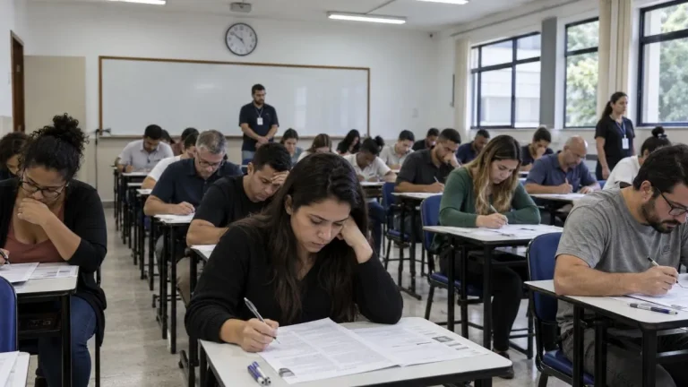 Candidatos realizam prova de concurso público em sala de aula, sob supervisão de fiscais. Seleção do Instituto Federal de São Paulo oferece 47 vagas para professores.