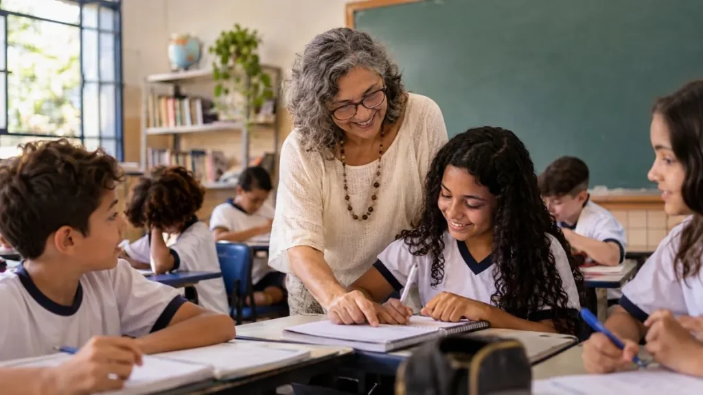 Homenagem ao Dia do Professor em fundo de lousa, com mensagem destacando que todas as profissões passam pelo aprendizado e pela dedicação de um professor