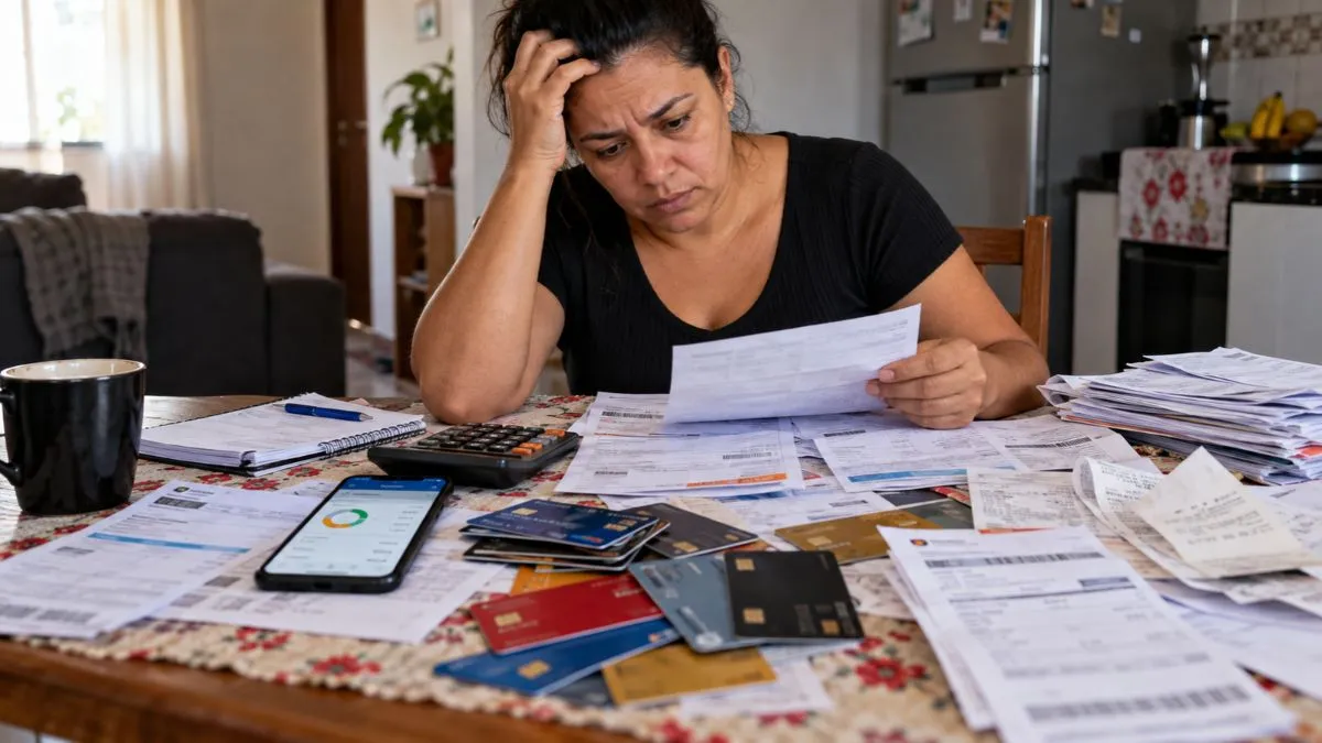 Mulher analisa contas, faturas de cartão de crédito e despesas domésticas com calculadora, ilustrando o recorde de endividamento das famílias brasileiras