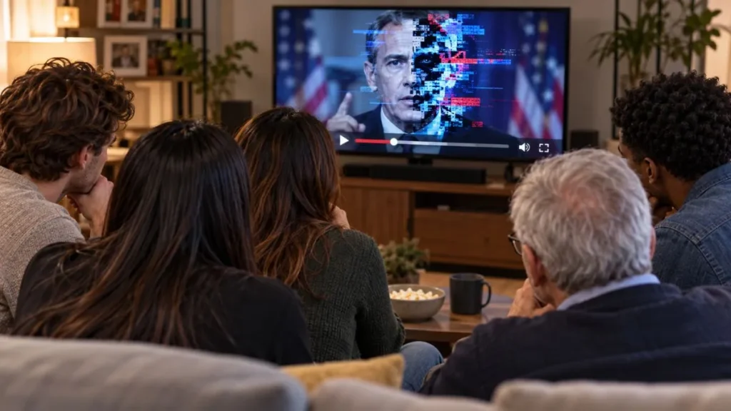 Grupo de cinco pessoas, visto de costas, assiste a um vídeo político manipulado por inteligência artificial em uma televisão, ilustrando os riscos das deepfakes nas eleições de 2026