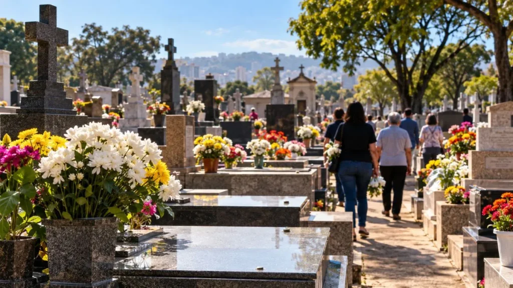 Visitantes caminham entre sepulturas com flores durante o Dia de Finados, data que altera o funcionamento de cemitérios e serviços públicos em São Paulo.