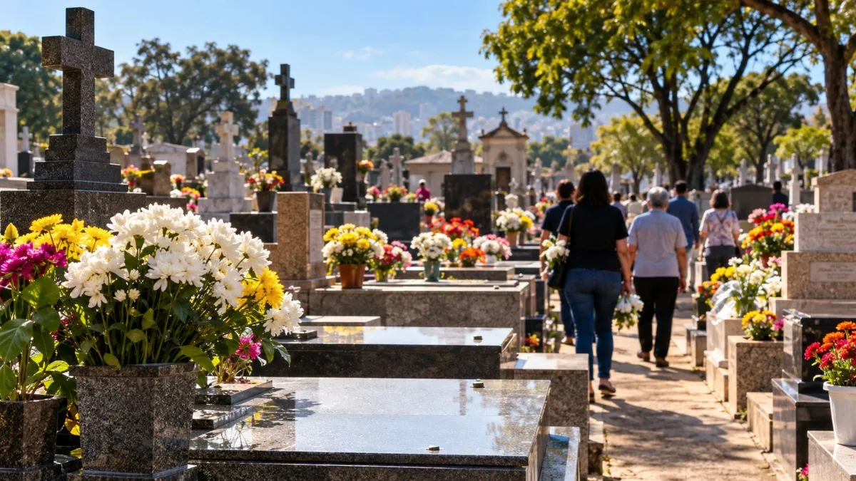 Visitantes caminham entre sepulturas com flores durante o Dia de Finados, data que altera o funcionamento de cemitérios e serviços públicos em São Paulo.