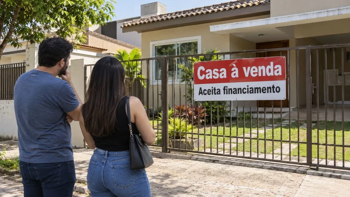Alt text: Casal observa uma casa à venda com placa informando que o imóvel aceita financiamento, ilustrando o aumento dos juros do crédito imobiliário