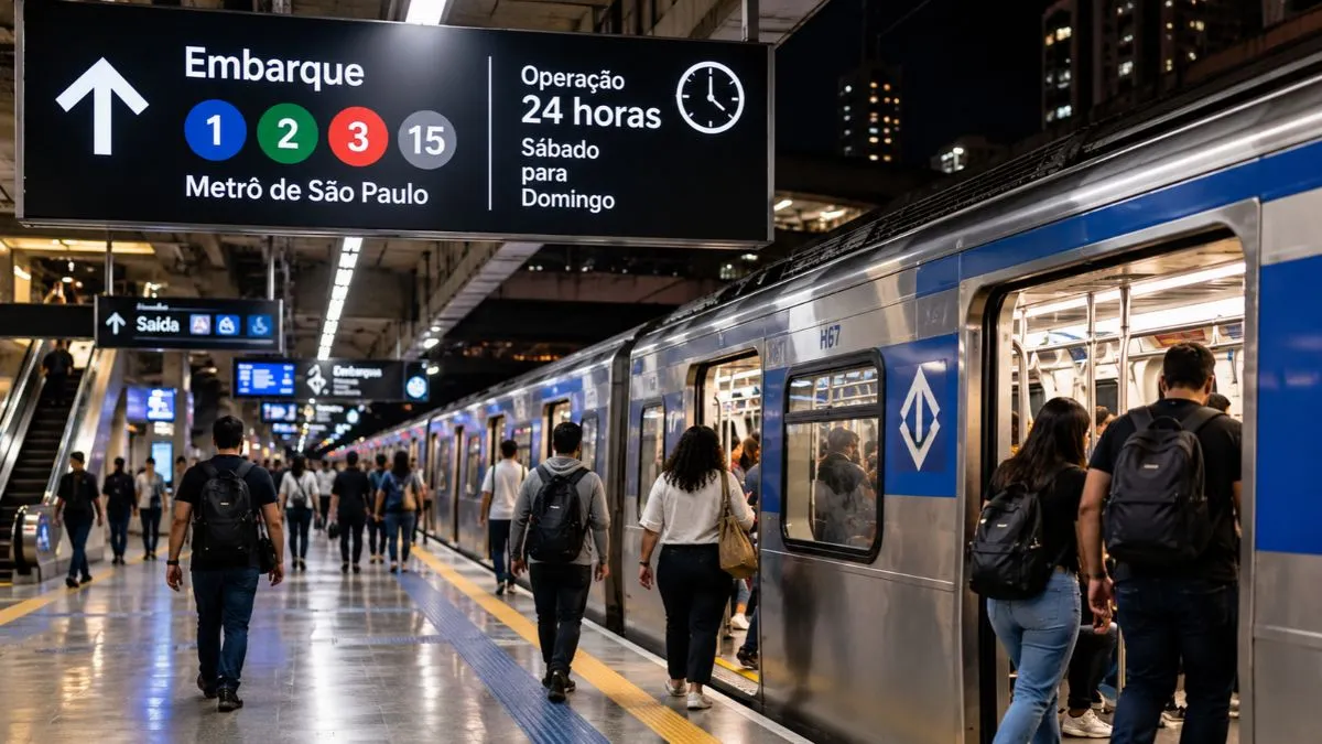 Passageiros embarcam em trem do Metrô de São Paulo durante a madrugada em estação iluminada