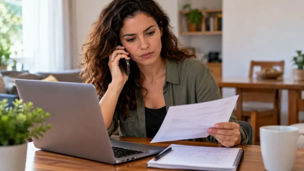 Consumidora fala ao telefone enquanto consulta documentos e um notebook durante atendimento de serviço ao cliente.