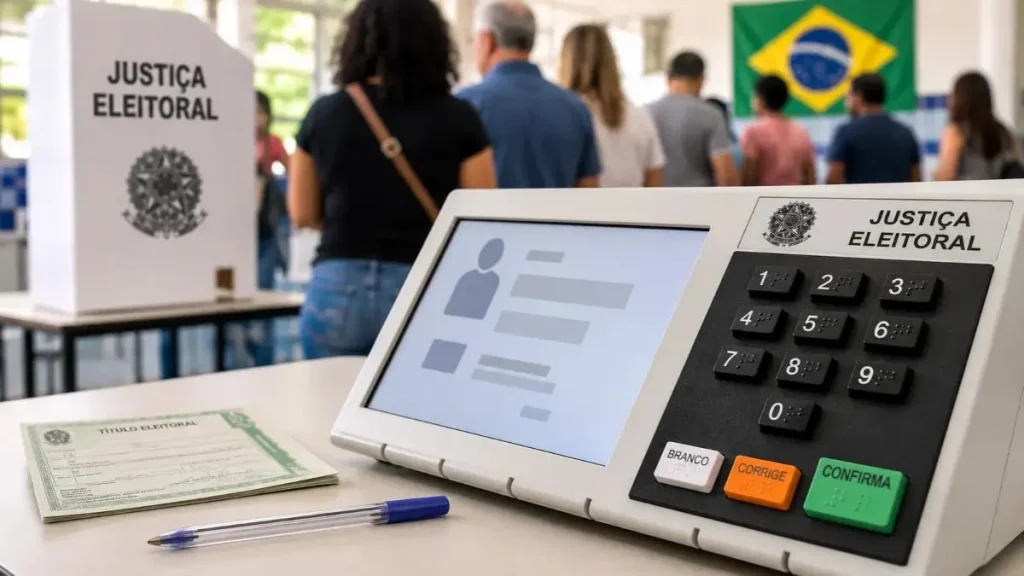 Urna eletrônica brasileira em local de votação, ilustrando as orientações sobre documentos, regras eleitorais e justificativa de ausência no segundo turno de 2026