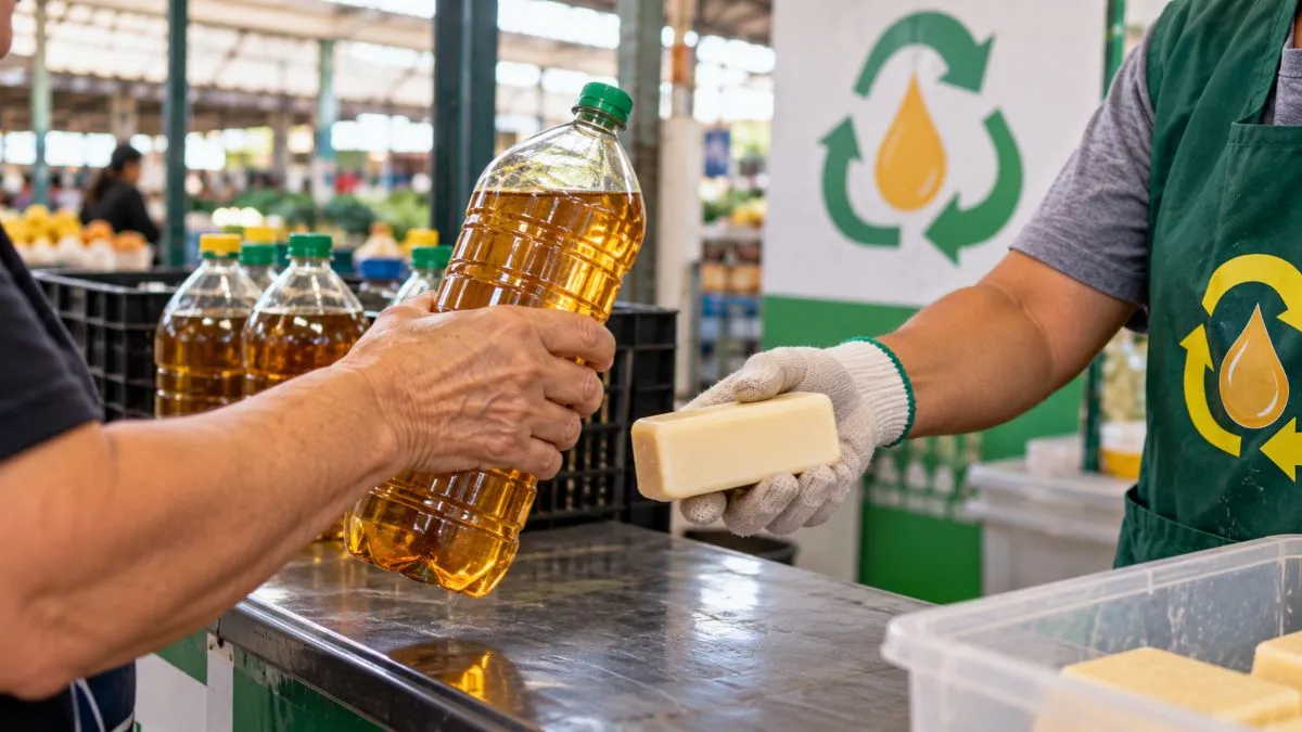 Pessoa entrega garrafa com óleo de cozinha usado em ponto de coleta para receber uma barra de sabão em campanha de reciclagem
