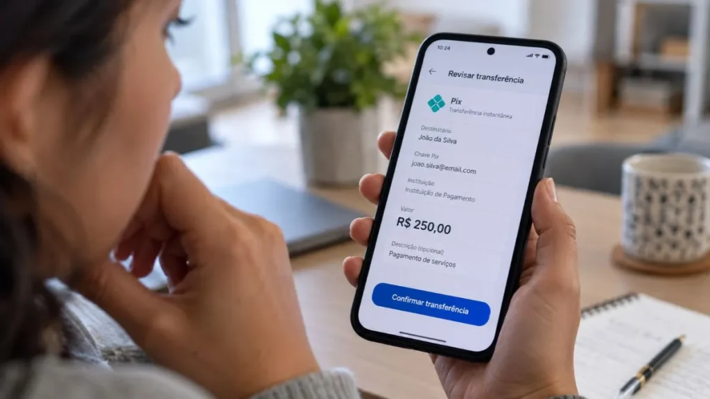 Pessoa confere dados de uma transferência Pix no celular antes de confirmar o pagamento.