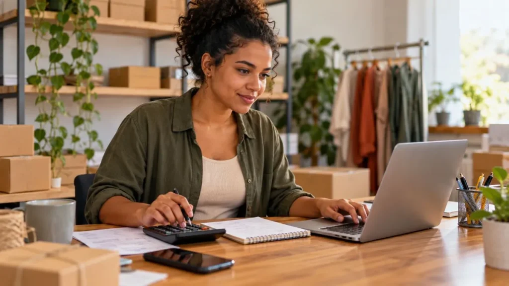 Quer abrir seu próprio negócio? Qualifica SP oferece curso gratuito; inscrições até domingo, 25 5 Empreendedora organiza as finanças de um pequeno negócio com notebook, calculadora e anotações, ilustrando o curso gratuito de empreendedorismo do Qualifica SP