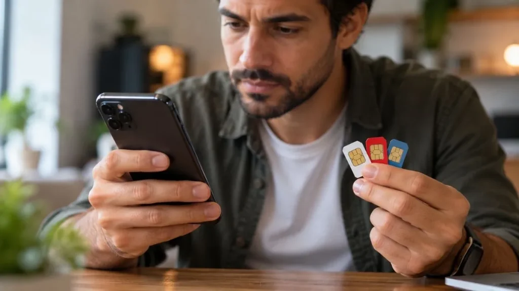 Seu CPF pode ter chips cadastrados sem você saber; veja como consultar 3 Homem utiliza smartphone enquanto segura três chips de celular nas cores branca, vermelha e azul, ilustrando a consulta de linhas telefônicas cadastradas no CPF.