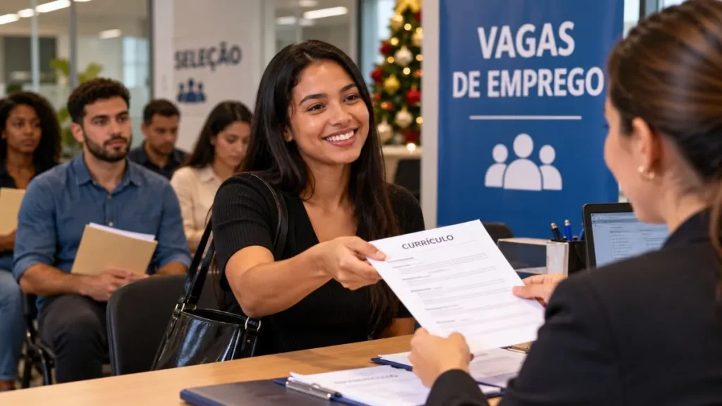 Candidatos participam de processo seletivo e entregam currículos para vagas de emprego temporário durante a temporada de contratações de fim de ano